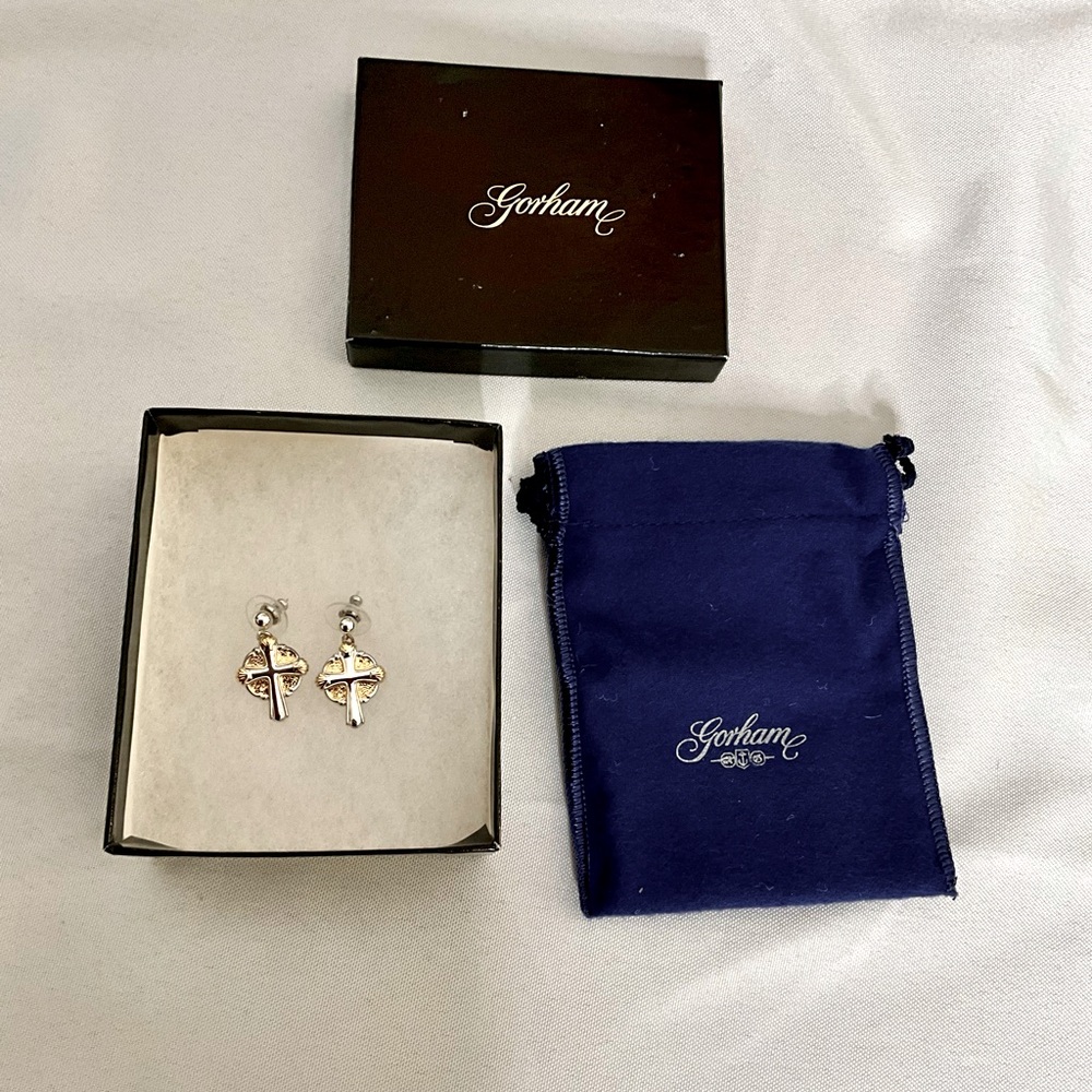 NIB GORHAM Sterling Silver Cross Earrings w/ Gold Embellishment